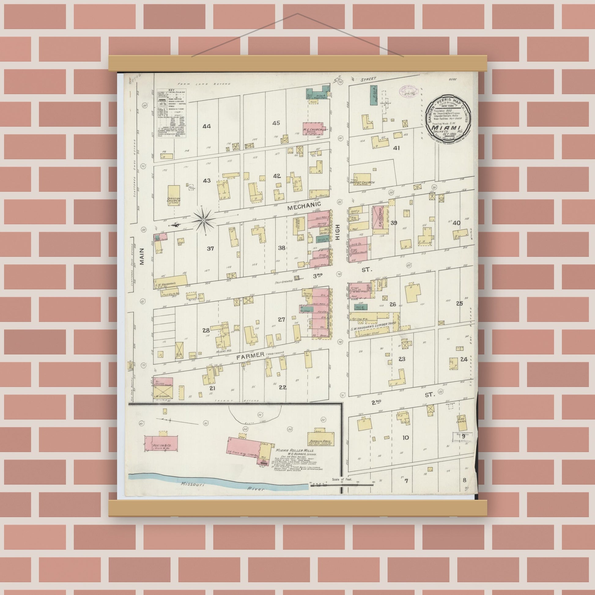 Old map wall art mockup — magnetic wood frame on brick wall — Sanborn Fire Insurance Map from Miami, Saline County, Missouri (1893), Sheet #0001