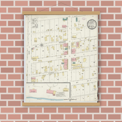Old map wall art mockup — magnetic wood frame on brick wall — Sanborn Fire Insurance Map from Miami, Saline County, Missouri (1893), Sheet #0001