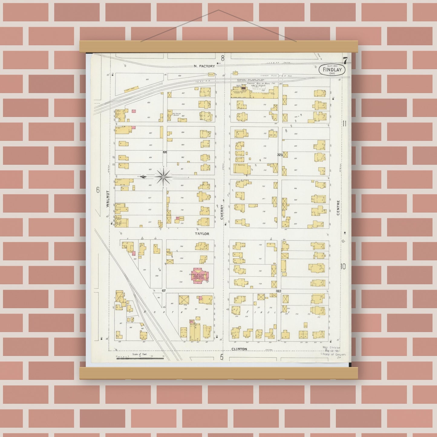 Old map wall art mockup — magnetic wood frame on brick wall — Sanborn Fire Insurance Map from Findlay, Hancock County, Ohio (1901), Sheet #0007