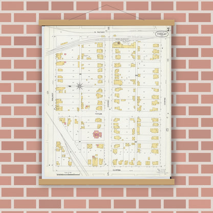 Old map wall art mockup — magnetic wood frame on brick wall — Sanborn Fire Insurance Map from Findlay, Hancock County, Ohio (1901), Sheet #0007