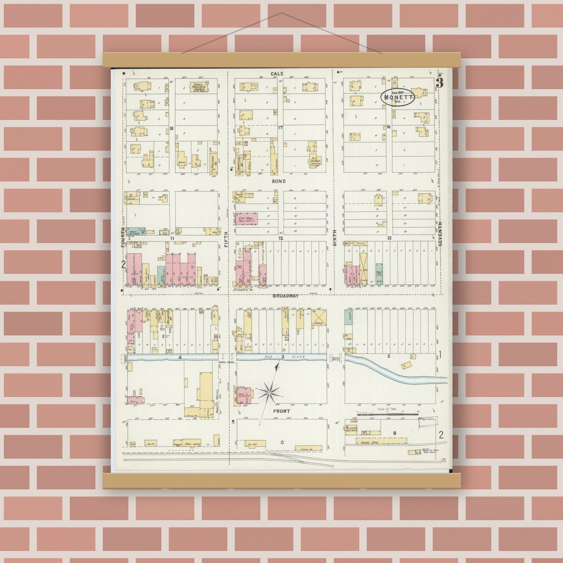 Old map wall art mockup — magnetic wood frame on brick wall — Sanborn Fire Insurance Map from Monett, Barry County, Missouri (1897), Sheet #0003