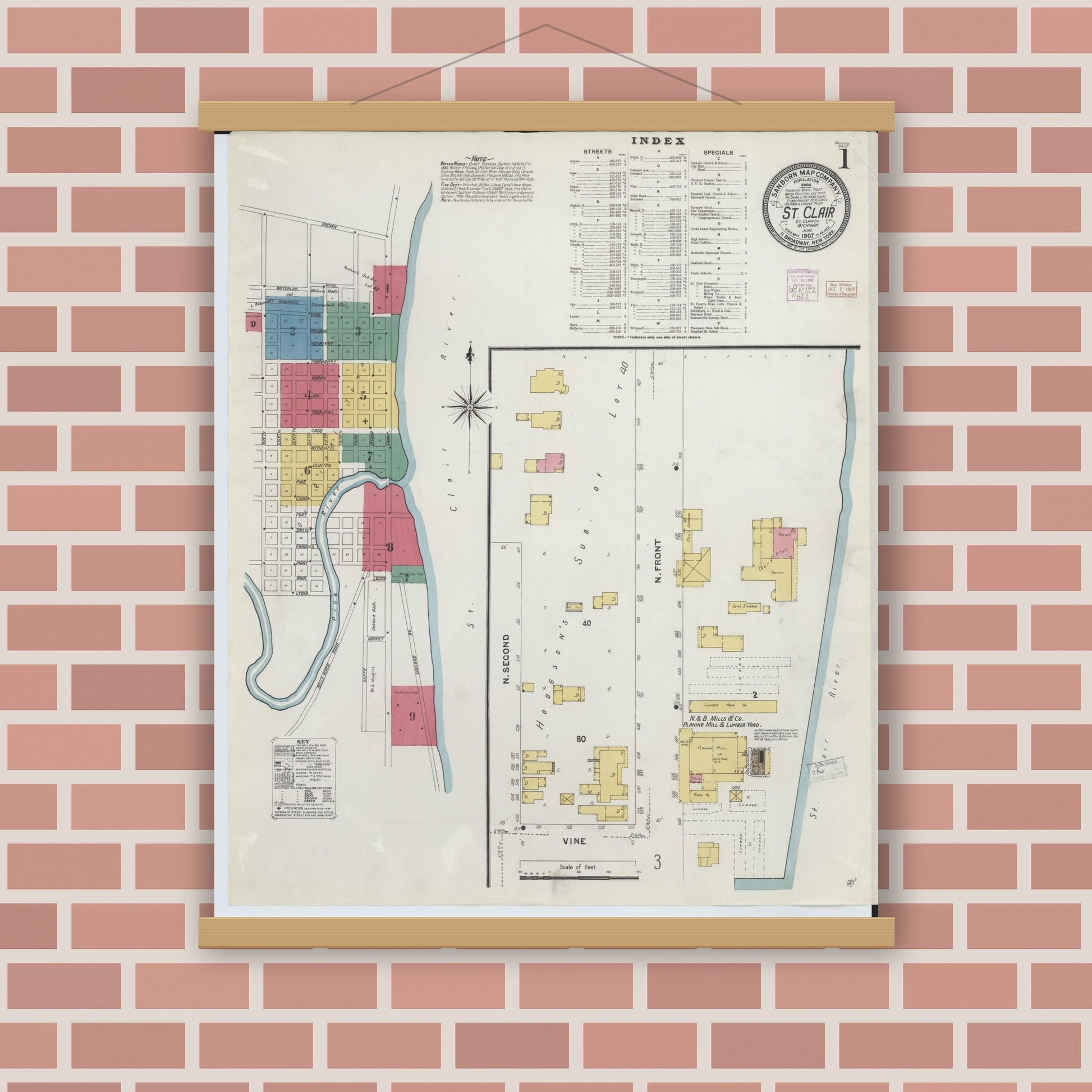Old map wall art mockup — magnetic wood frame on brick wall — Sanborn Fire Insurance Map from Saint Clair, Saint Clair County, Michigan (1907) - Complete Map Set