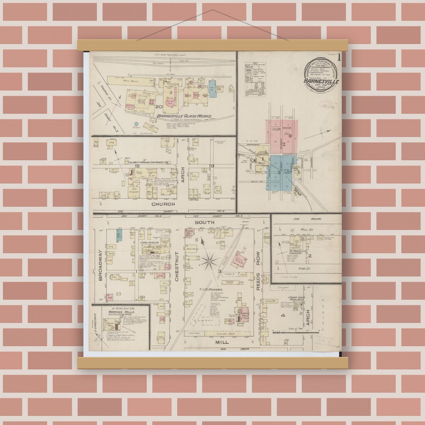 Old map wall art mockup — magnetic wood frame on brick wall — Sanborn Fire Insurance Map from Barnesville, Belmont County, Ohio (1885) - Complete Map Set