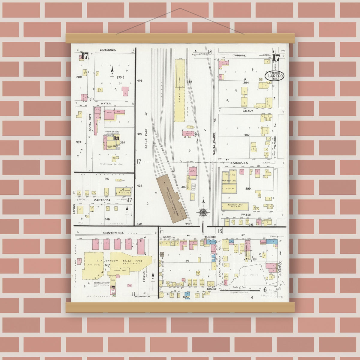 Old map wall art mockup — magnetic wood frame on brick wall — Sanborn Fire Insurance Map from Laredo, Webb County, Texas (1925), Sheet #0017