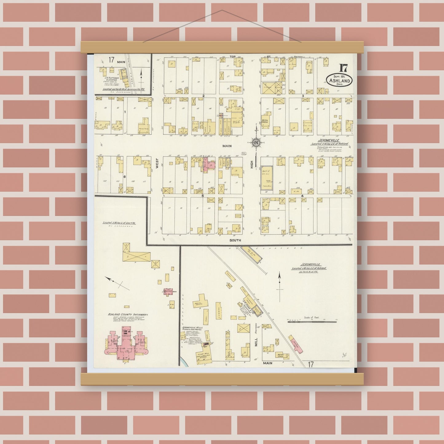 Old map wall art mockup — magnetic wood frame on brick wall — Sanborn Fire Insurance Map from Ashland, Ashland County, Ohio (1911), Sheet #0017