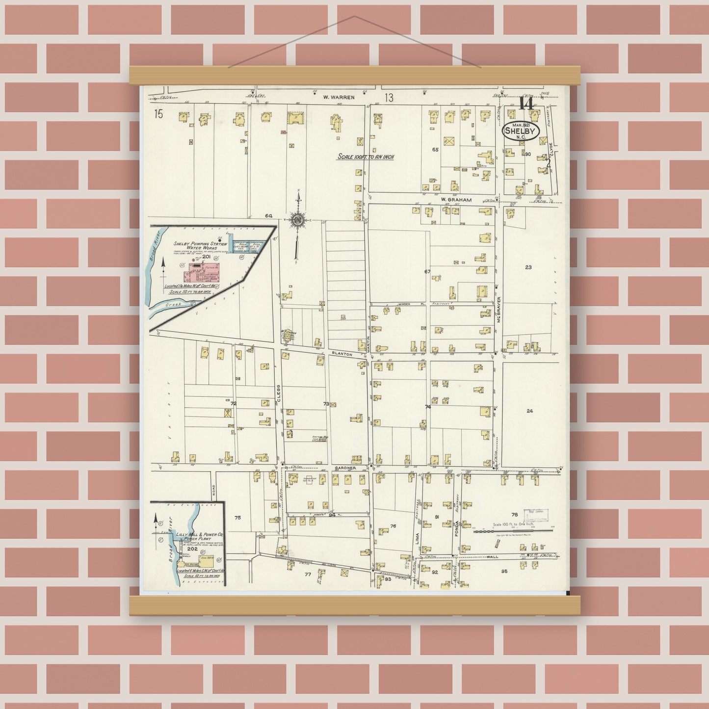 Old map wall art mockup — magnetic wood frame on brick wall — Sanborn Fire Insurance Map from Shelby, Cleveland County, North Carolina (1921), Sheet #0014