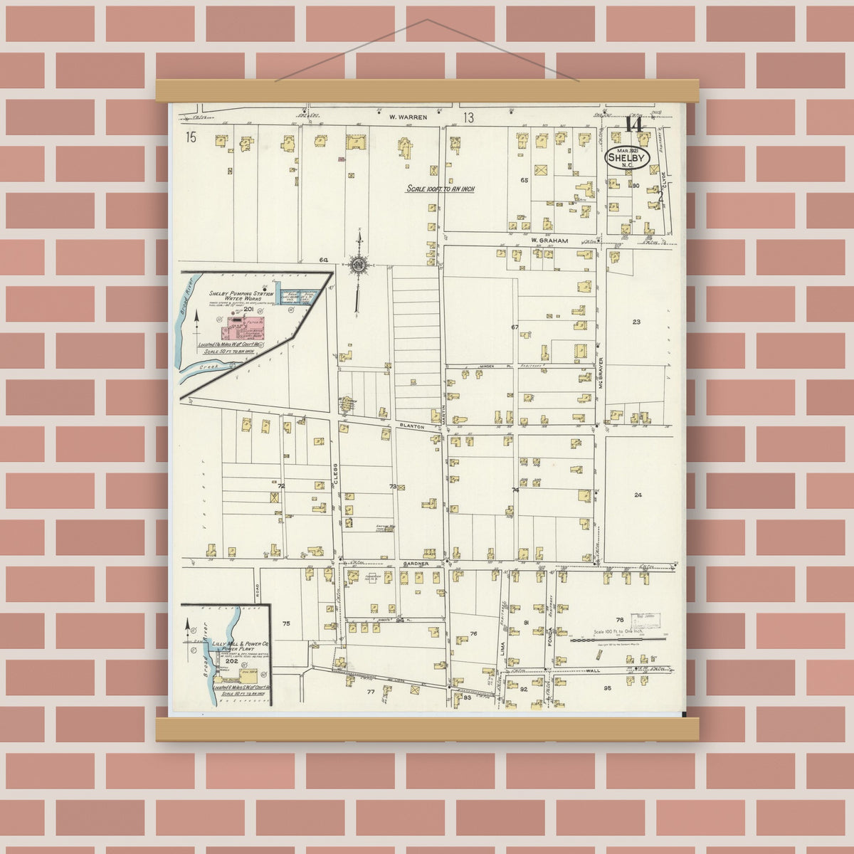 Old map wall art mockup — magnetic wood frame on brick wall — Sanborn Fire Insurance Map from Shelby, Cleveland County, North Carolina (1921), Sheet #0014
