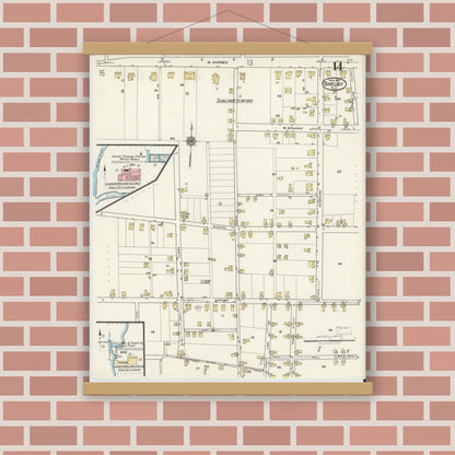 Old map wall art mockup — magnetic wood frame on brick wall — Sanborn Fire Insurance Map from Shelby, Cleveland County, North Carolina (1921), Sheet #0014