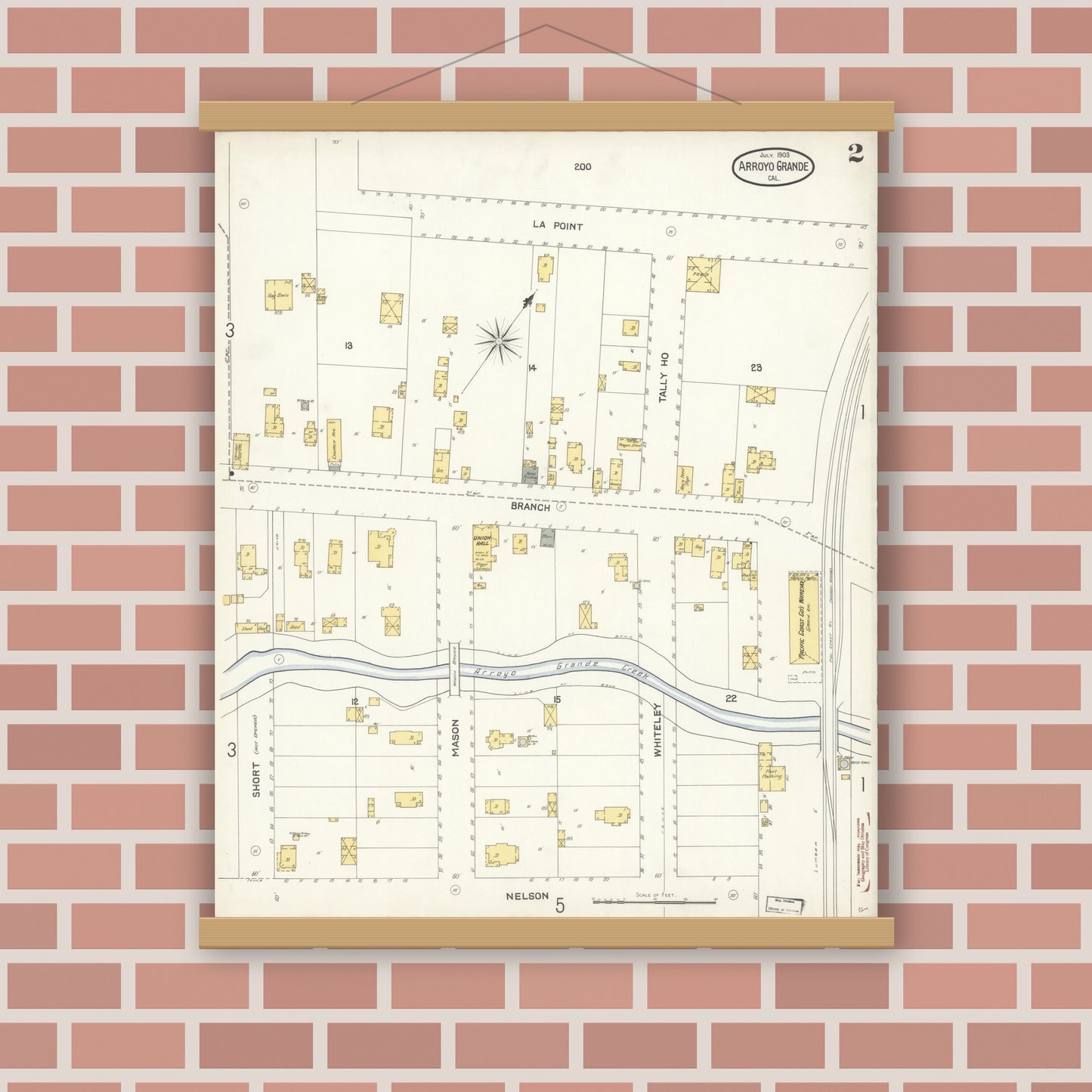 Old map wall art mockup — magnetic wood frame on brick wall — Sanborn Fire Insurance Map from Arroyo Grande, San Luis Obispo County, California (1903), Sheet #0002