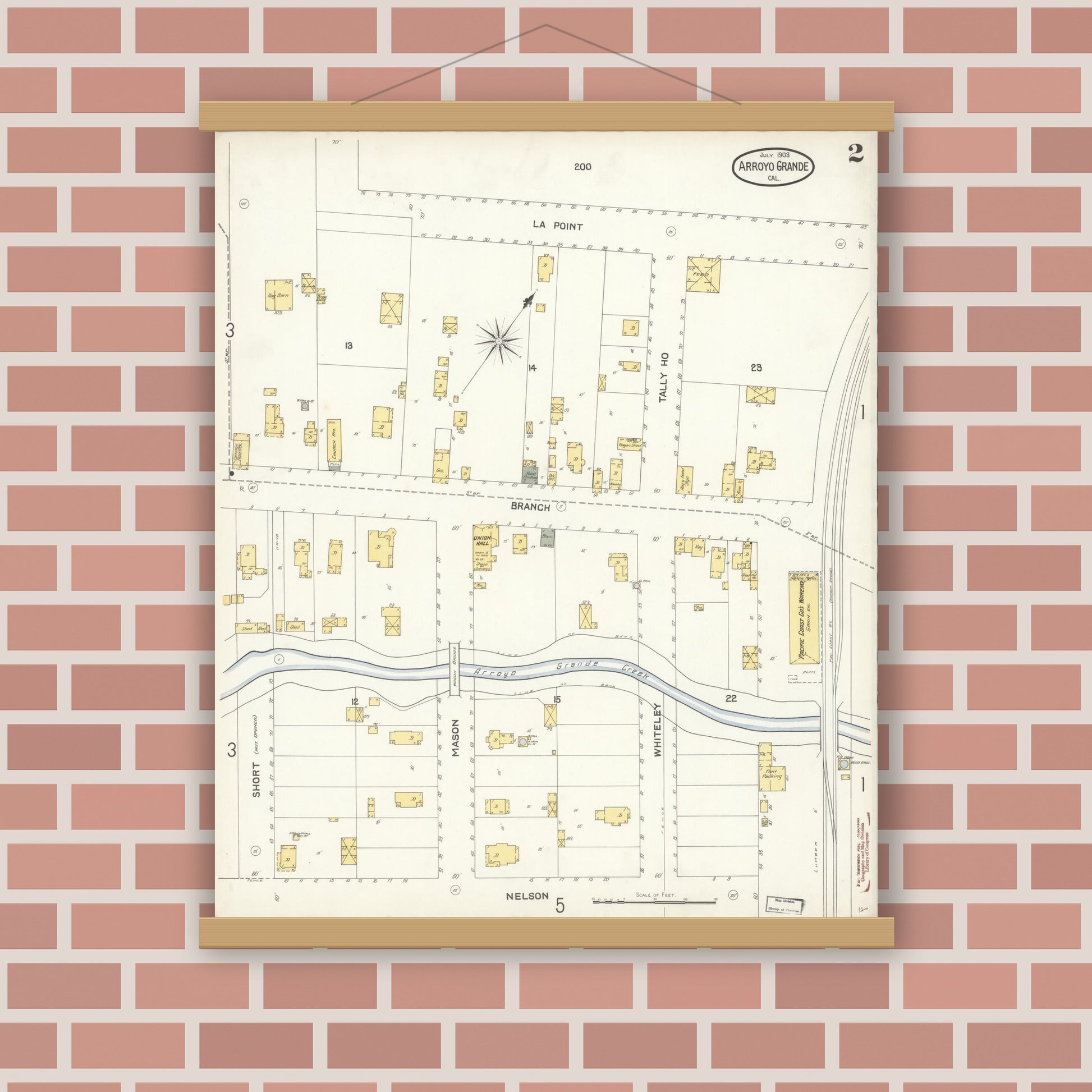 Old map wall art mockup — magnetic wood frame on brick wall — Sanborn Fire Insurance Map from Arroyo Grande, San Luis Obispo County, California (1903), Sheet #0002
