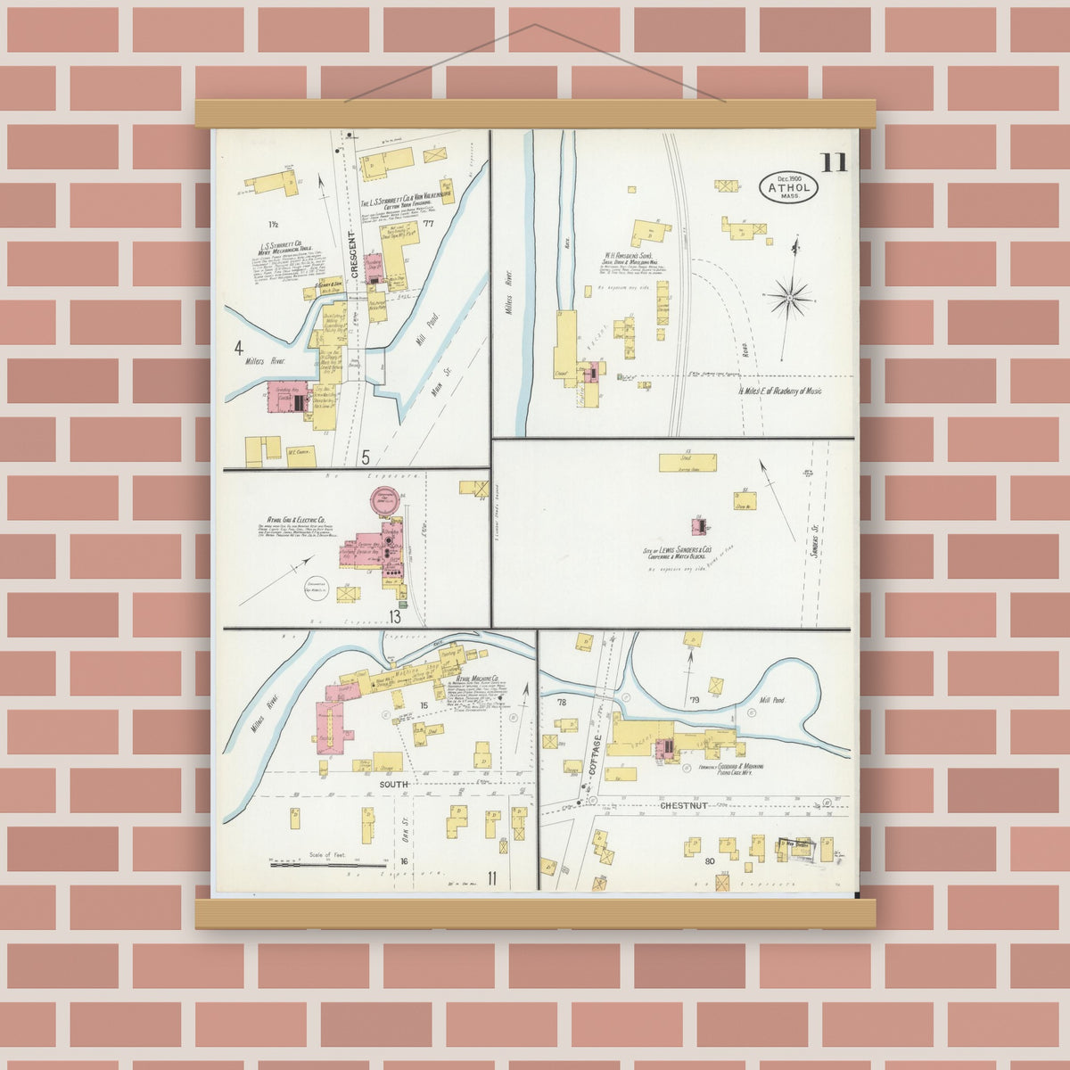 Old map wall art mockup — magnetic wood frame on brick wall — Sanborn Fire Insurance Map from Athol, Worcester County, Massachusetts (1900), Sheet #0011