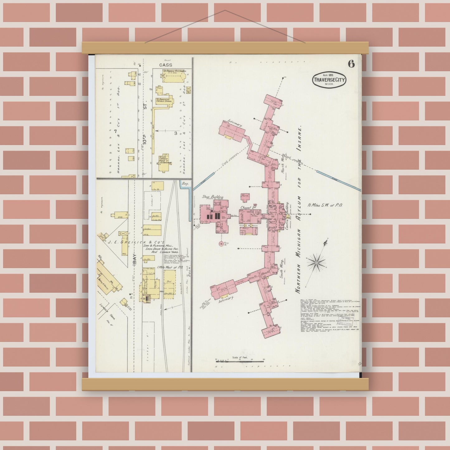 Old map wall art mockup — magnetic wood frame on brick wall — Sanborn Fire Insurance Map from Traverse City, Grand Traverse County, Michigan (1893), Sheet #0006