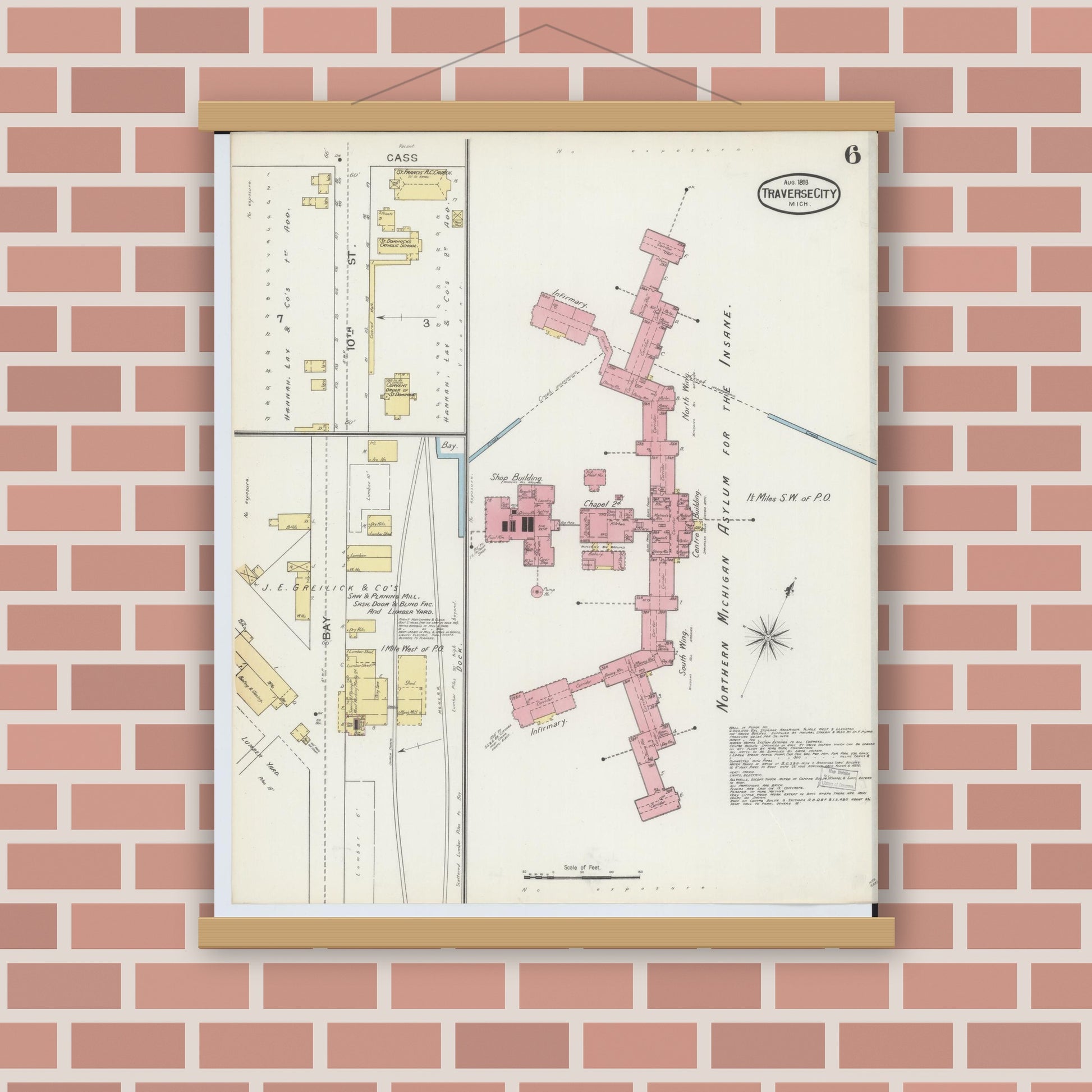 Old map wall art mockup — magnetic wood frame on brick wall — Sanborn Fire Insurance Map from Traverse City, Grand Traverse County, Michigan (1893), Sheet #0006