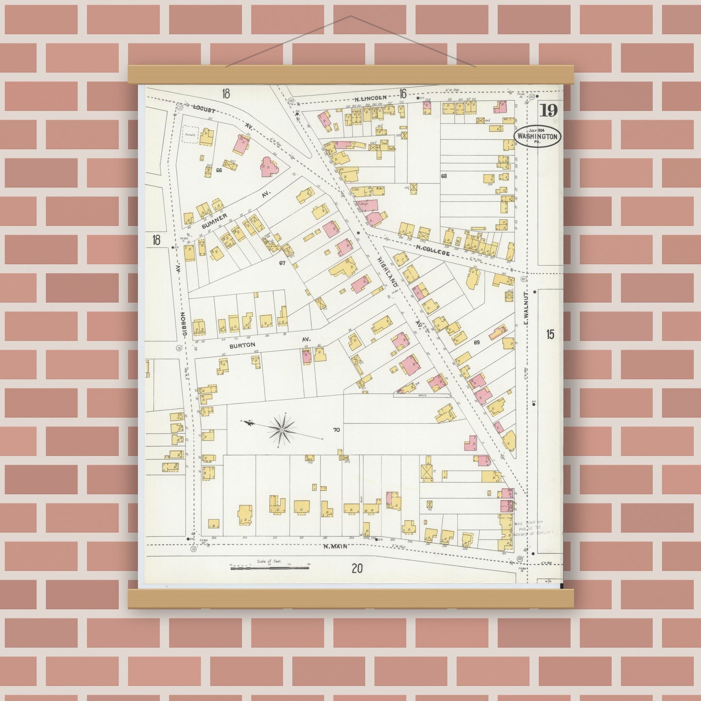 Old map wall art mockup — magnetic wood frame on brick wall — Sanborn Fire Insurance Map from Washington, Washington County, Pennsylvania (1904), Sheet #0019