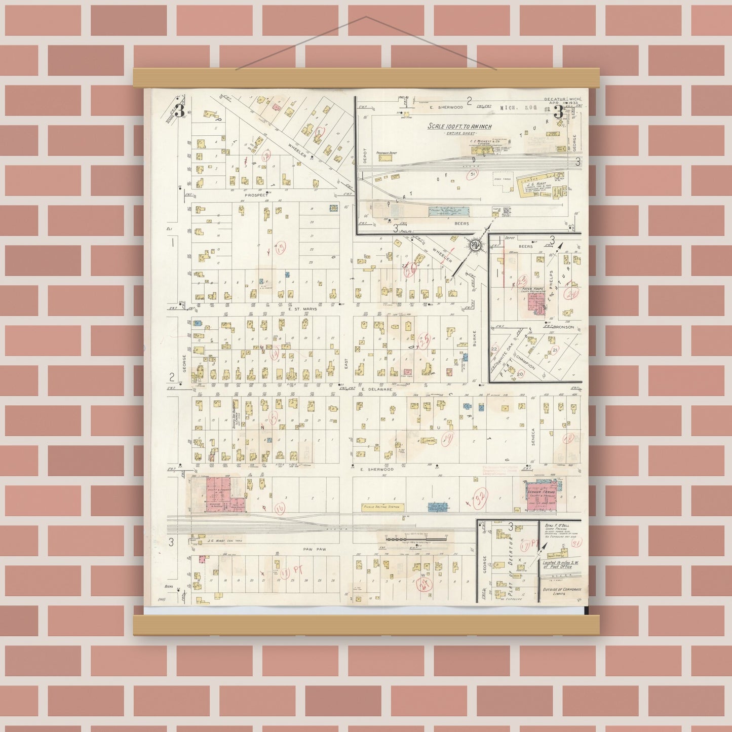 Old map wall art mockup — magnetic wood frame on brick wall — Sanborn Fire Insurance Map from Decatur, Van Buren County, Michigan (1944), Sheet #0003