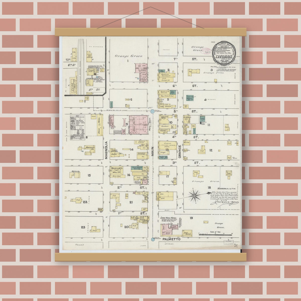 Old map wall art mockup — magnetic wood frame on brick wall — Sanborn Fire Insurance Map from Leesburg, Lake County, Florida (1890), Sheet #0001