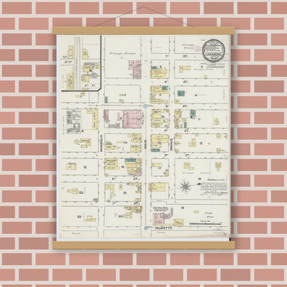 Old map wall art mockup — magnetic wood frame on brick wall — Sanborn Fire Insurance Map from Leesburg, Lake County, Florida (1890), Sheet #0001