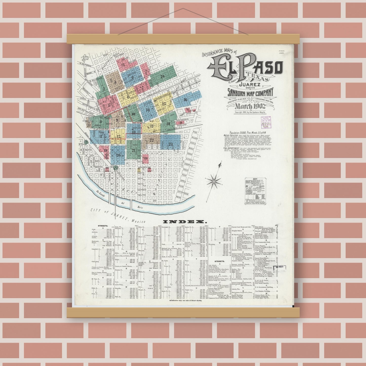 Old map wall art mockup — magnetic wood frame on brick wall — Sanborn Fire Insurance Map from El Paso, El Paso County, Texas (1902) - Complete Map Set