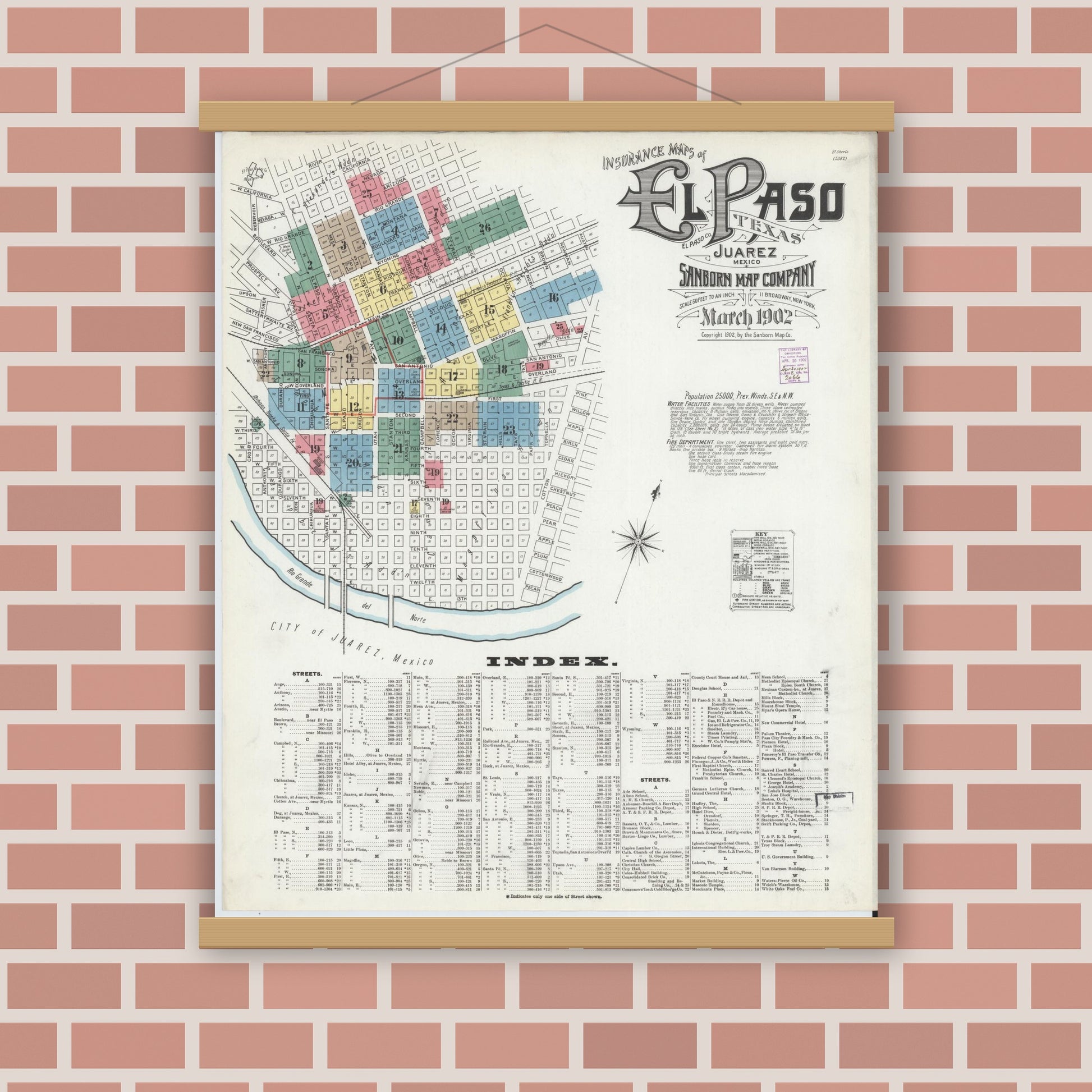 Old map wall art mockup — magnetic wood frame on brick wall — Sanborn Fire Insurance Map from El Paso, El Paso County, Texas (1902) - Complete Map Set