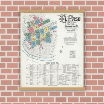 Old map wall art mockup — magnetic wood frame on brick wall — Sanborn Fire Insurance Map from El Paso, El Paso County, Texas (1902) - Complete Map Set