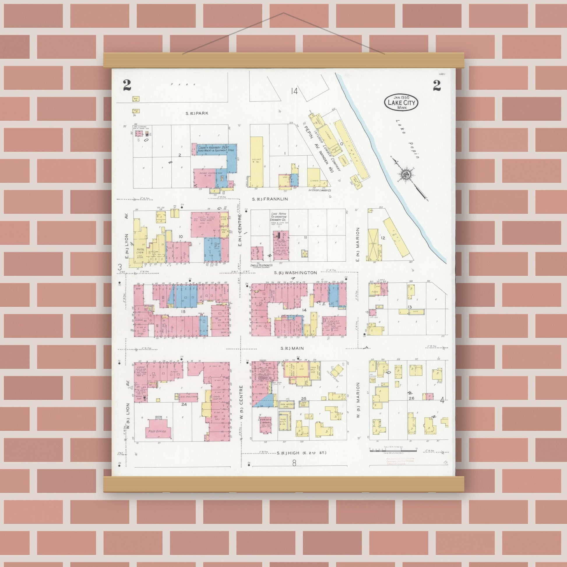 Old map wall art mockup — magnetic wood frame on brick wall — Sanborn Fire Insurance Map from Lake City, Wabasha County, Minnesota (1930), Sheet #0002