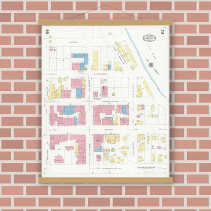 Old map wall art mockup — magnetic wood frame on brick wall — Sanborn Fire Insurance Map from Lake City, Wabasha County, Minnesota (1930), Sheet #0002