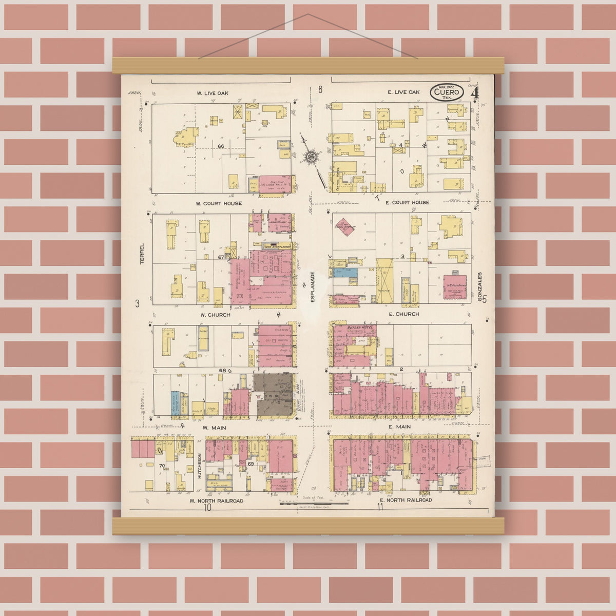 Old map wall art mockup — magnetic wood frame on brick wall — Sanborn Fire Insurance Map from Cuero, De Witt County, Texas (1922), Sheet #0004