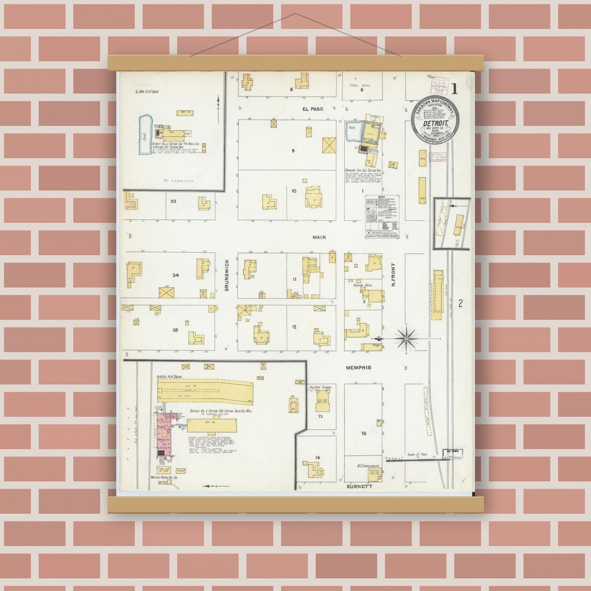Old map wall art mockup — magnetic wood frame on brick wall — Sanborn Fire Insurance Map from Detroit, Red River County, Texas (1905), Sheet #0001