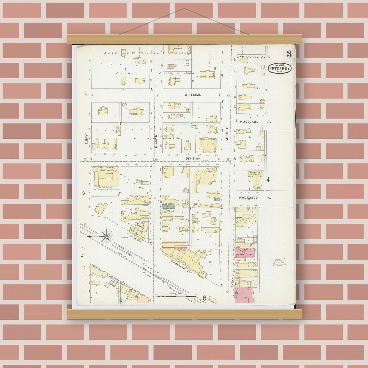 Old map wall art mockup — magnetic wood frame on brick wall — Sanborn Fire Insurance Map from Petoskey, Emmet County, Michigan (1896), Sheet #0003