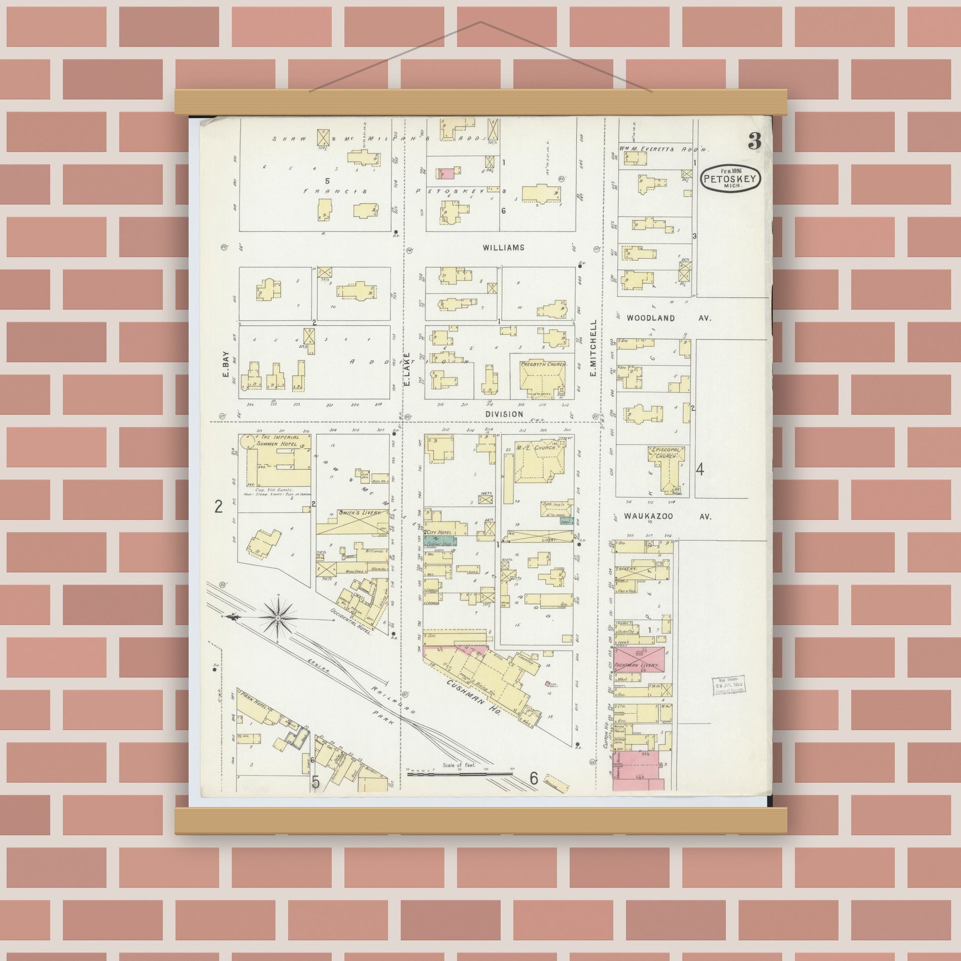 Old map wall art mockup — magnetic wood frame on brick wall — Sanborn Fire Insurance Map from Petoskey, Emmet County, Michigan (1896), Sheet #0003
