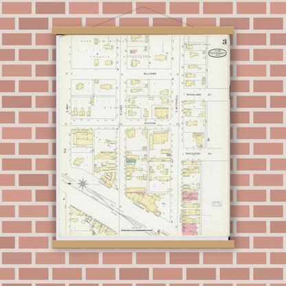 Old map wall art mockup — magnetic wood frame on brick wall — Sanborn Fire Insurance Map from Petoskey, Emmet County, Michigan (1896), Sheet #0003