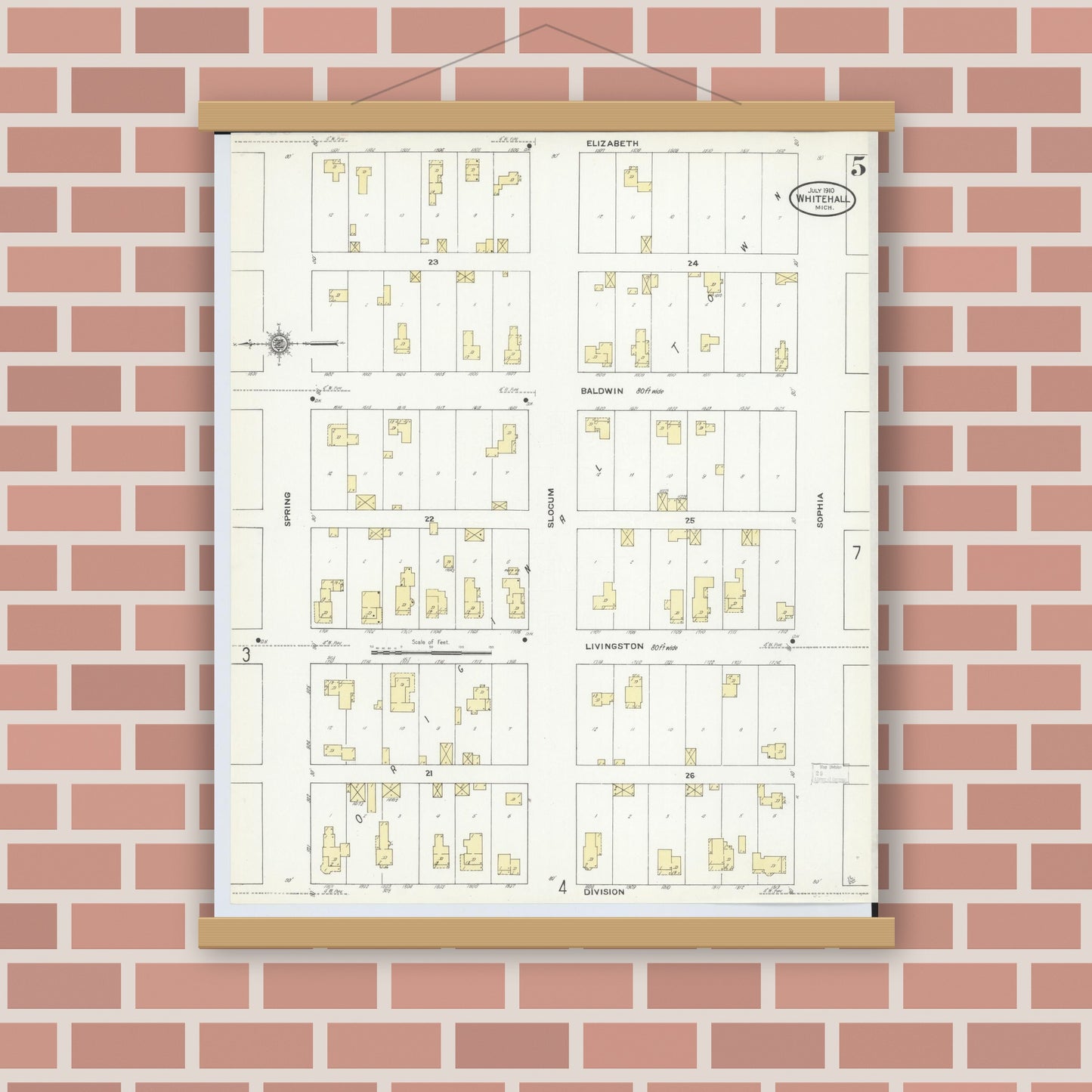 Old map wall art mockup — magnetic wood frame on brick wall — Sanborn Fire Insurance Map from Whitehall, Muskegon County, Michigan (1910), Sheet #0005