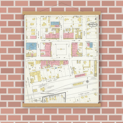 Old map wall art mockup — magnetic wood frame on brick wall — Sanborn Fire Insurance Map from Mountain Grove, Wright County, Missouri (1915), Sheet #0004
