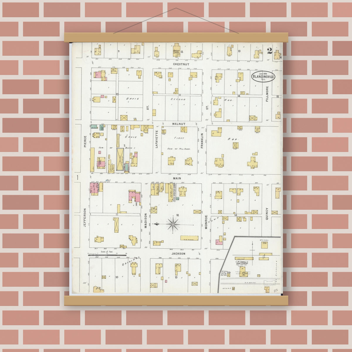 Old map wall art mockup — magnetic wood frame on brick wall — Sanborn Fire Insurance Map from Blandinsville, Mcdonough County, Illinois (1898), Sheet #0002