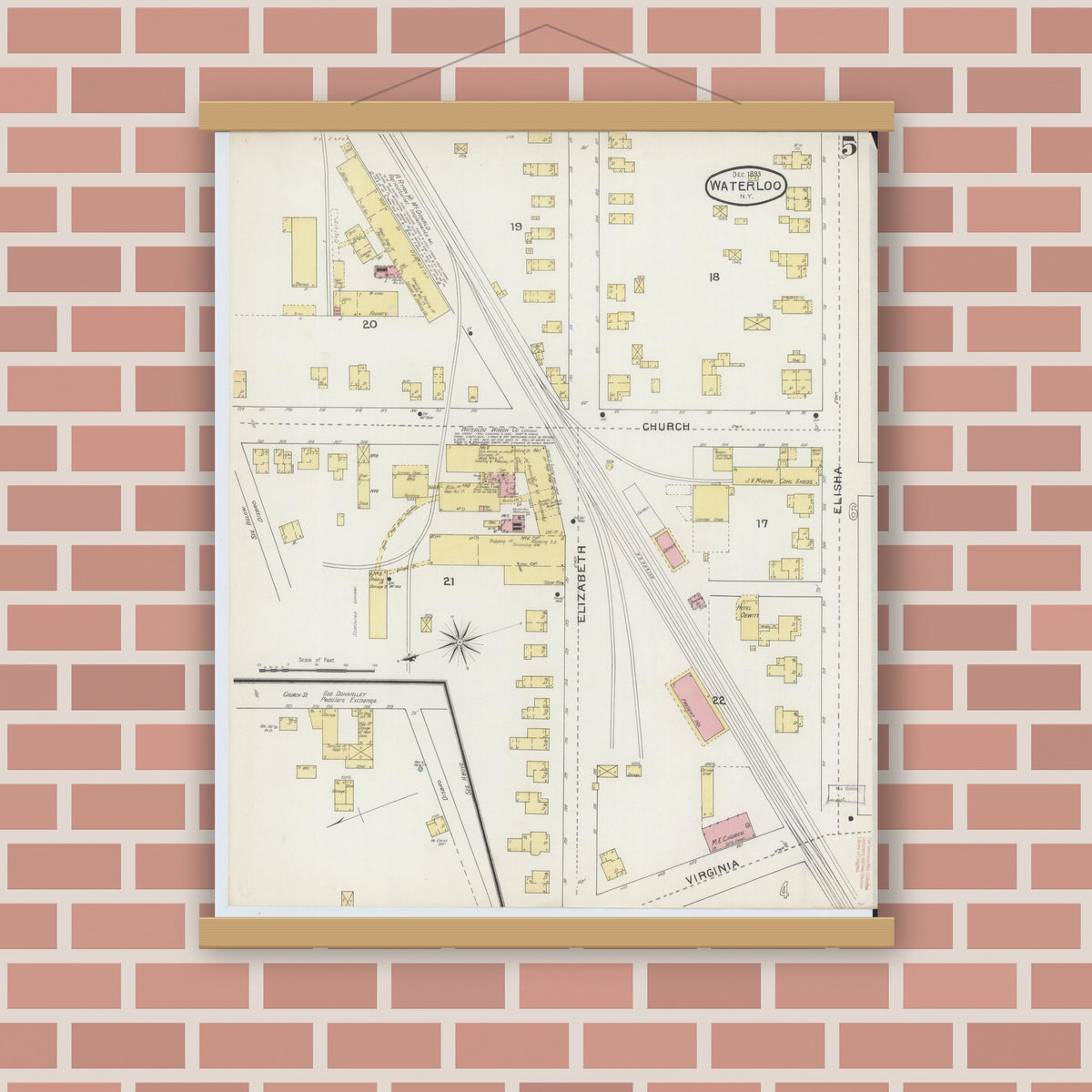 Old map wall art mockup — magnetic wood frame on brick wall — Sanborn Fire Insurance Map from Waterloo, Seneca County, New York (1893), Sheet #0005