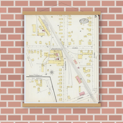 Old map wall art mockup — magnetic wood frame on brick wall — Sanborn Fire Insurance Map from Waterloo, Seneca County, New York (1893), Sheet #0005
