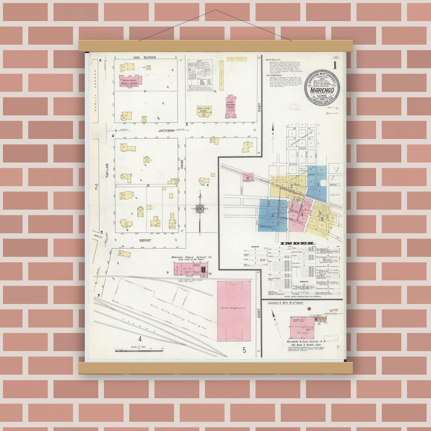 Old map wall art mockup — magnetic wood frame on brick wall — Sanborn Fire Insurance Map from Marengo, McHenry County, Illinois (1912) - Complete Map Set