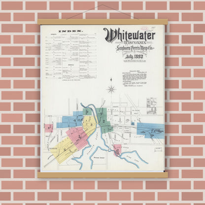 Old map wall art mockup — magnetic wood frame on brick wall — Sanborn Fire Insurance Map from Whitewater, Walworth County, Wisconsin (1892) - Complete Map Set