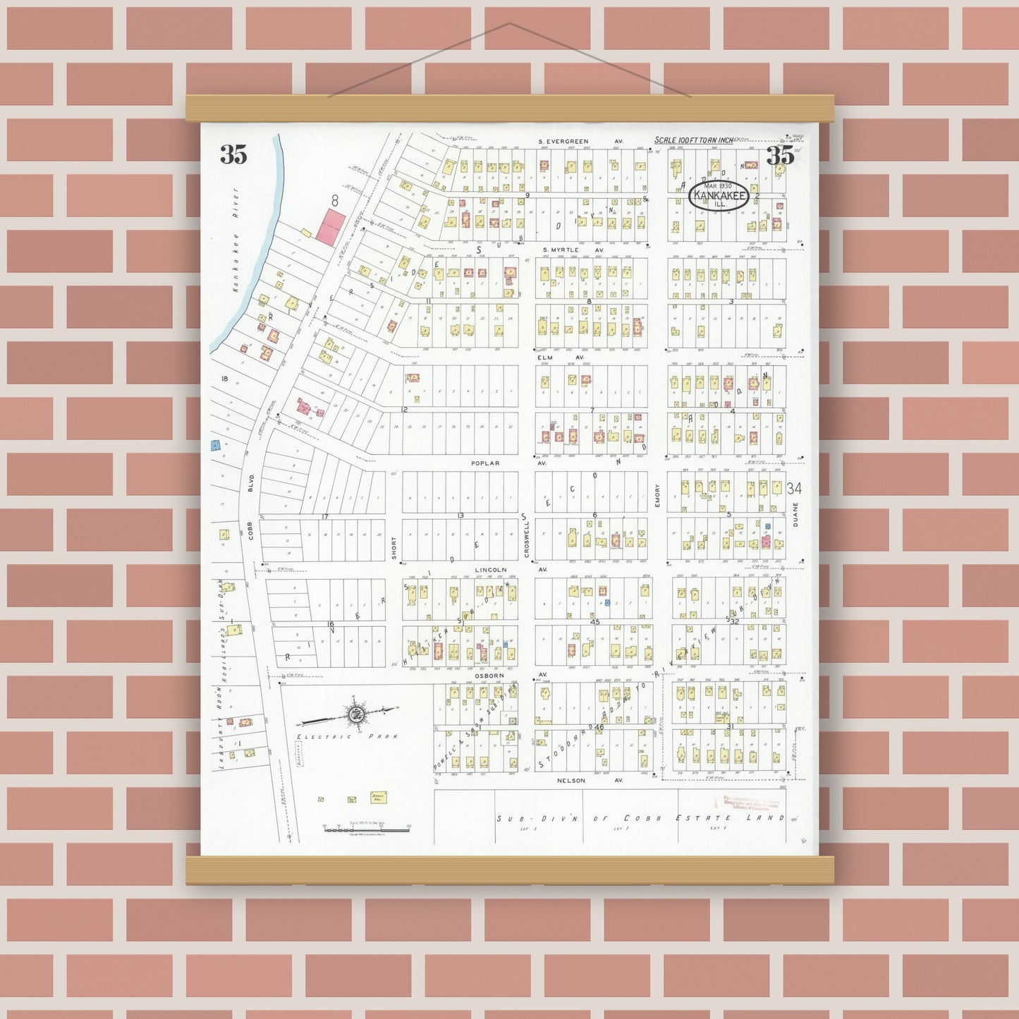 Old map wall art mockup — magnetic wood frame on brick wall — Sanborn Fire Insurance Map from Kankakee, Kankakee County, Illinois (1930), Sheet #0035