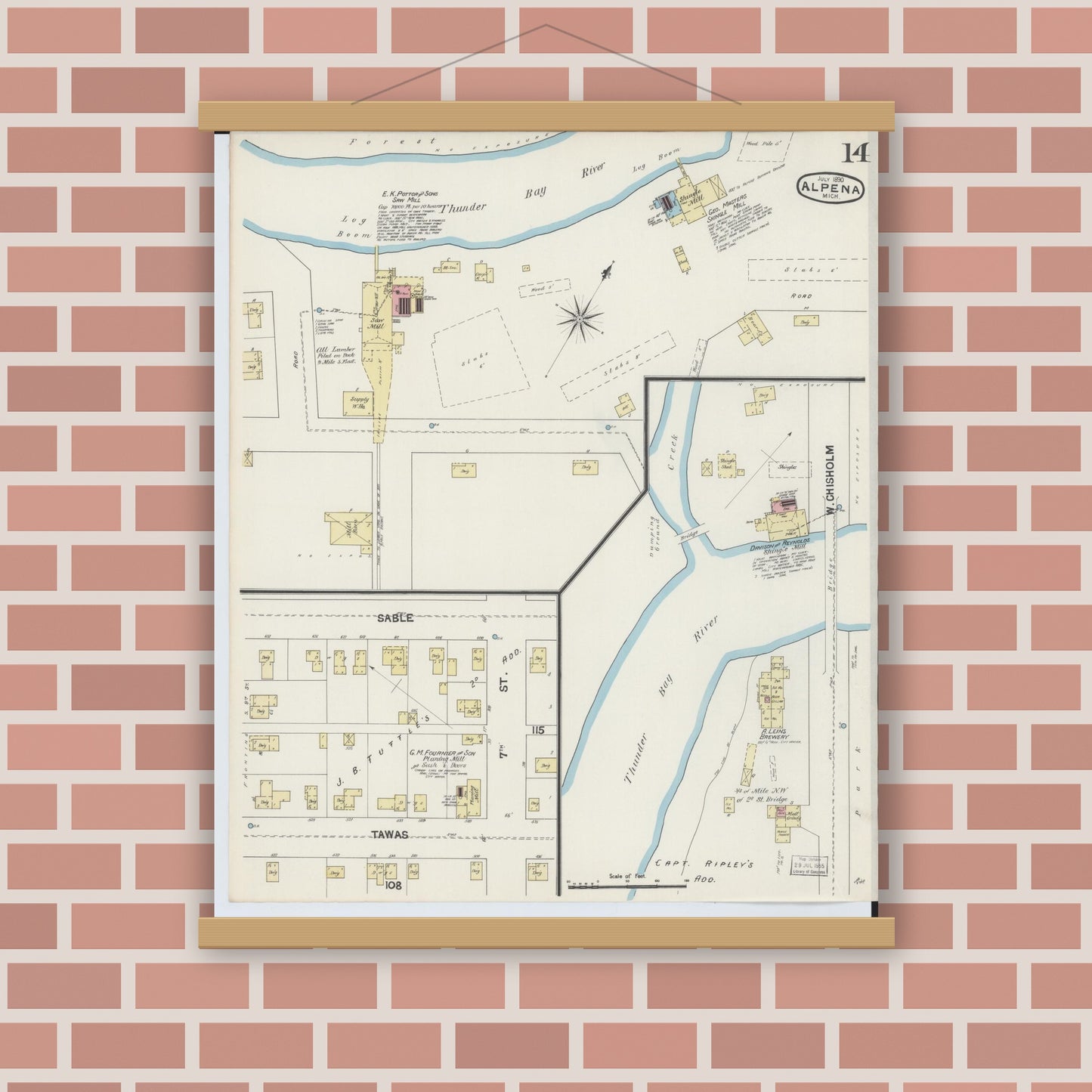 Old map wall art mockup — magnetic wood frame on brick wall — Sanborn Fire Insurance Map from Alpena, Alpena County, Michigan (1890), Sheet #0014