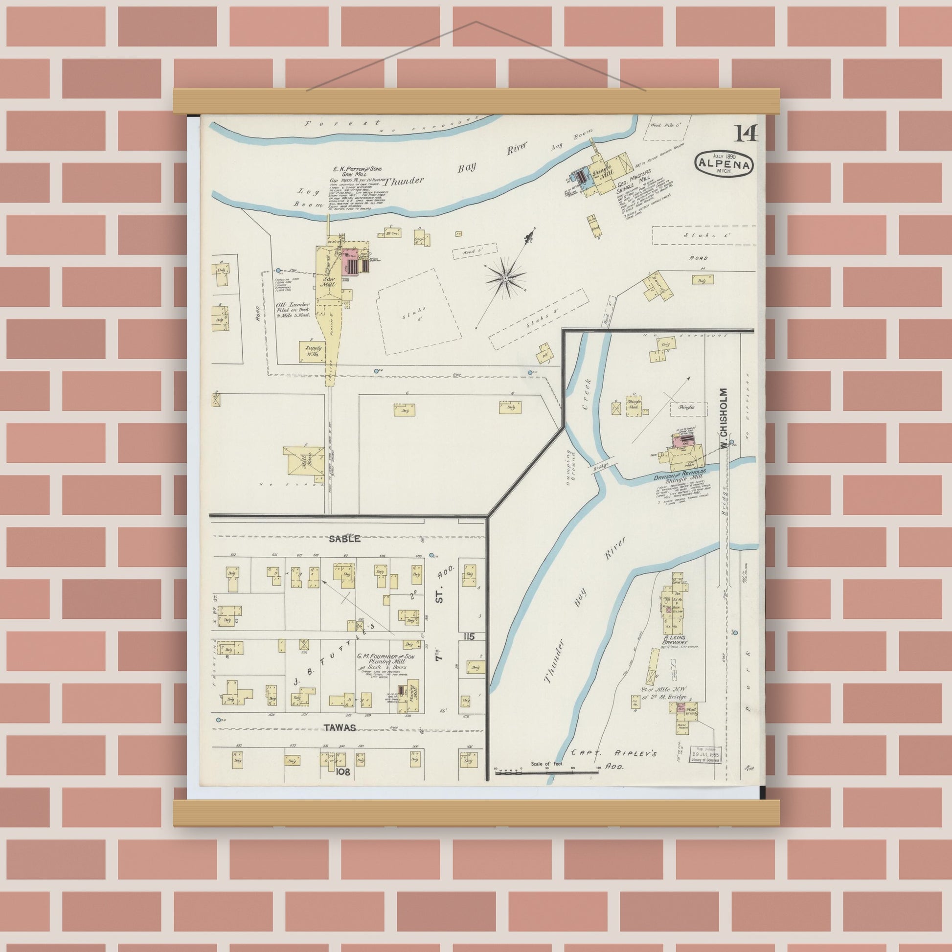Old map wall art mockup — magnetic wood frame on brick wall — Sanborn Fire Insurance Map from Alpena, Alpena County, Michigan (1890), Sheet #0014