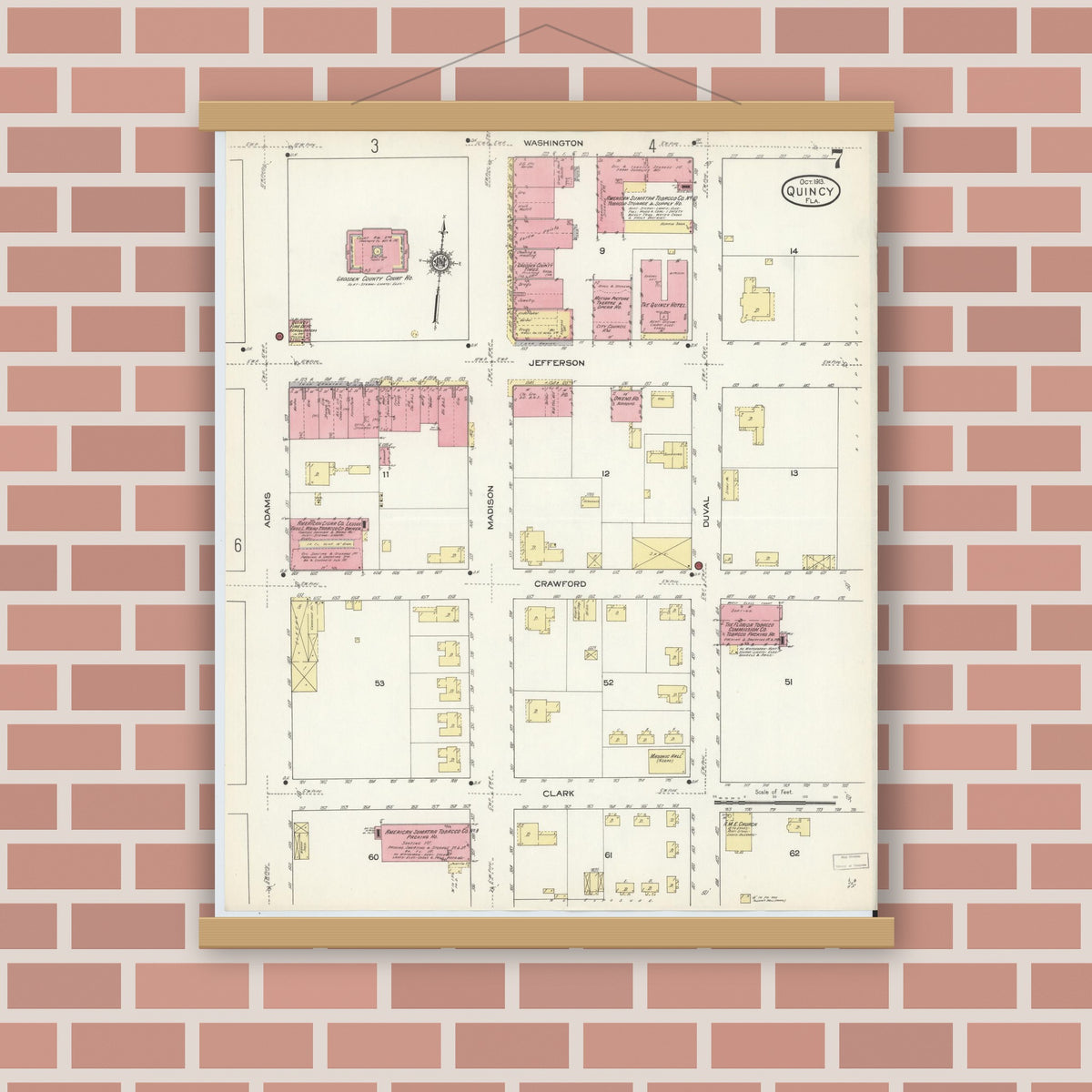 Old map wall art mockup — magnetic wood frame on brick wall — Sanborn Fire Insurance Map from Quincy, Gadsden County, Florida (1913), Sheet #0007
