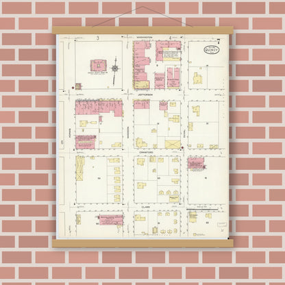 Old map wall art mockup — magnetic wood frame on brick wall — Sanborn Fire Insurance Map from Quincy, Gadsden County, Florida (1913), Sheet #0007