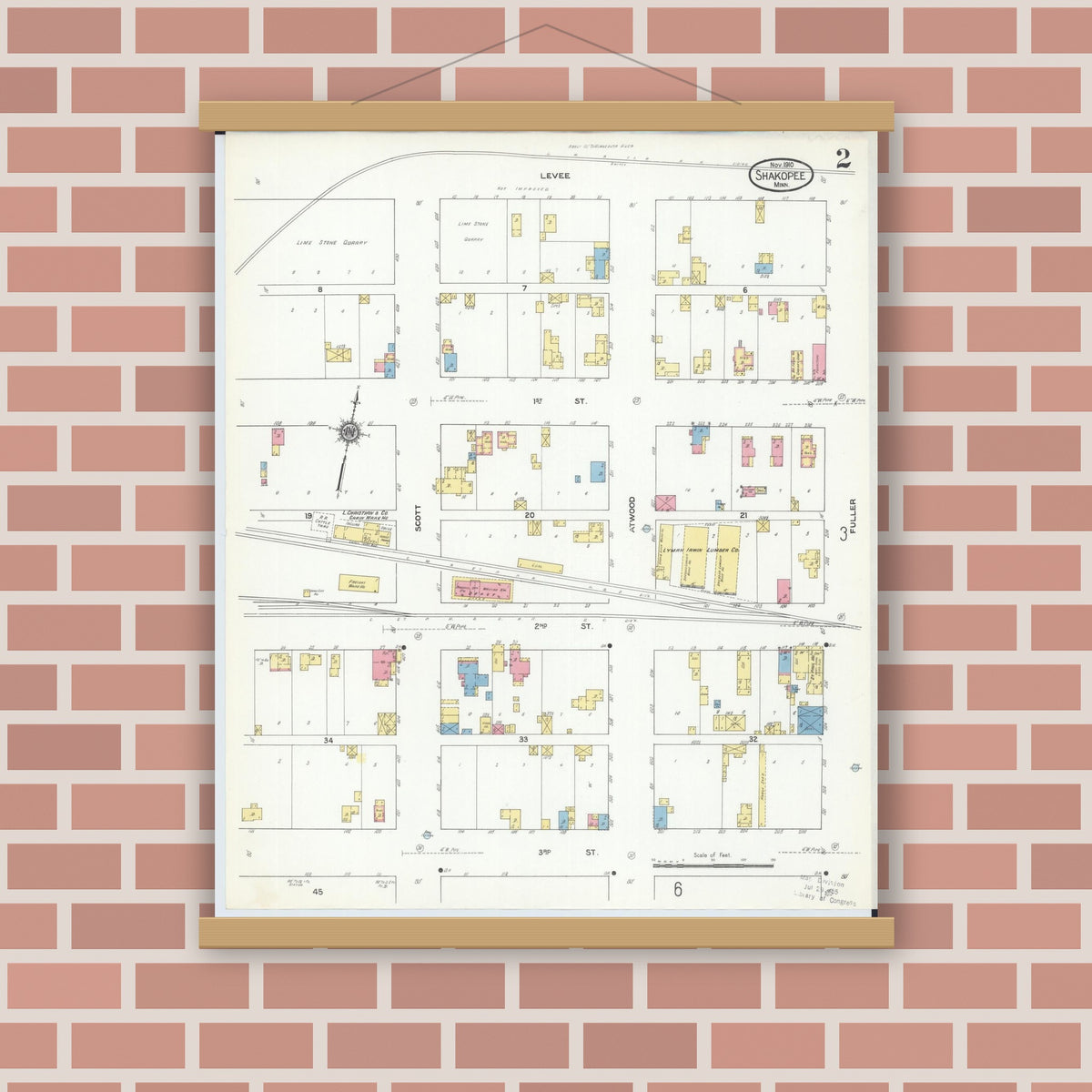 Old map wall art mockup — magnetic wood frame on brick wall — Sanborn Fire Insurance Map from Shakopee, Scott County, Minnesota (1910), Sheet #0002