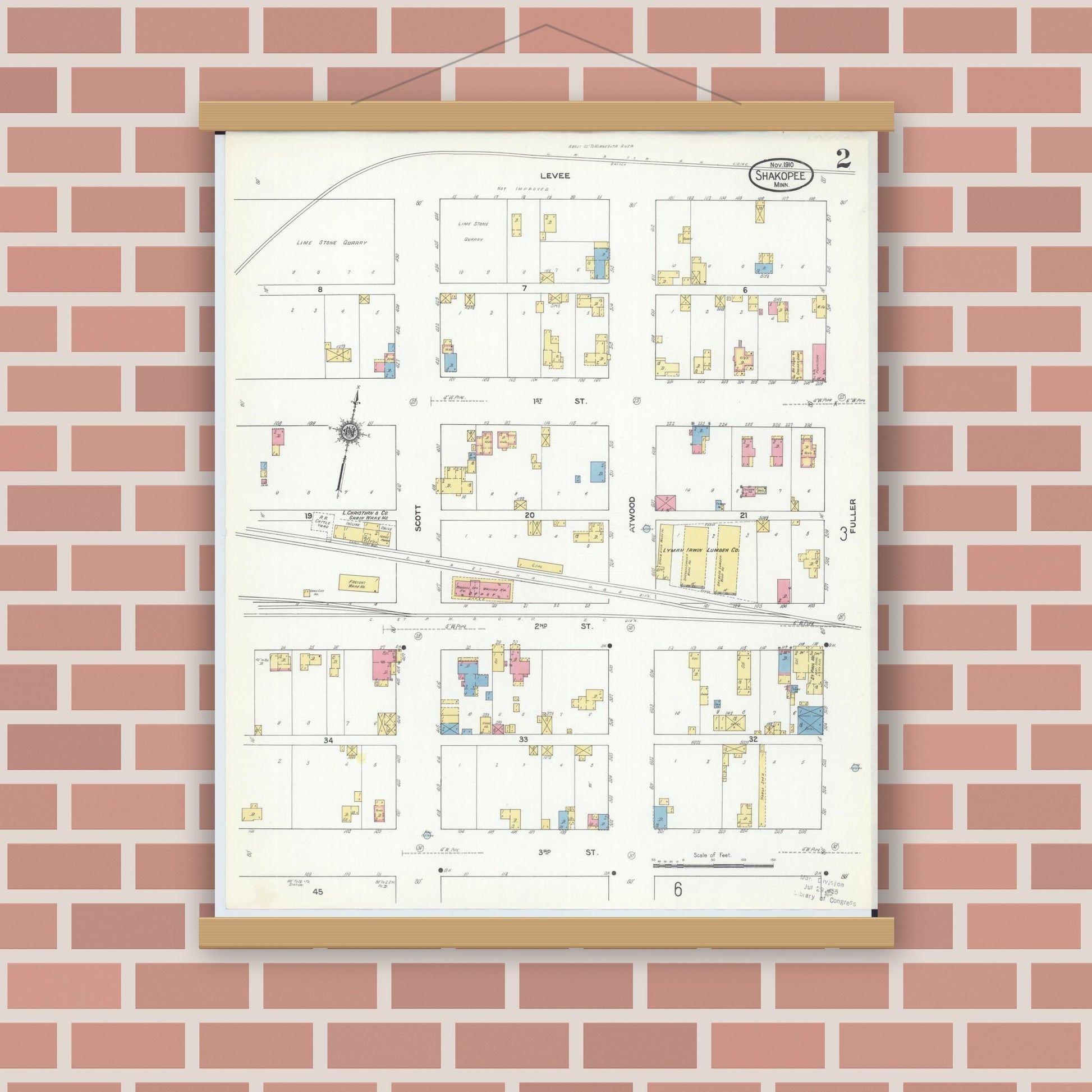 Old map wall art mockup — magnetic wood frame on brick wall — Sanborn Fire Insurance Map from Shakopee, Scott County, Minnesota (1910), Sheet #0002