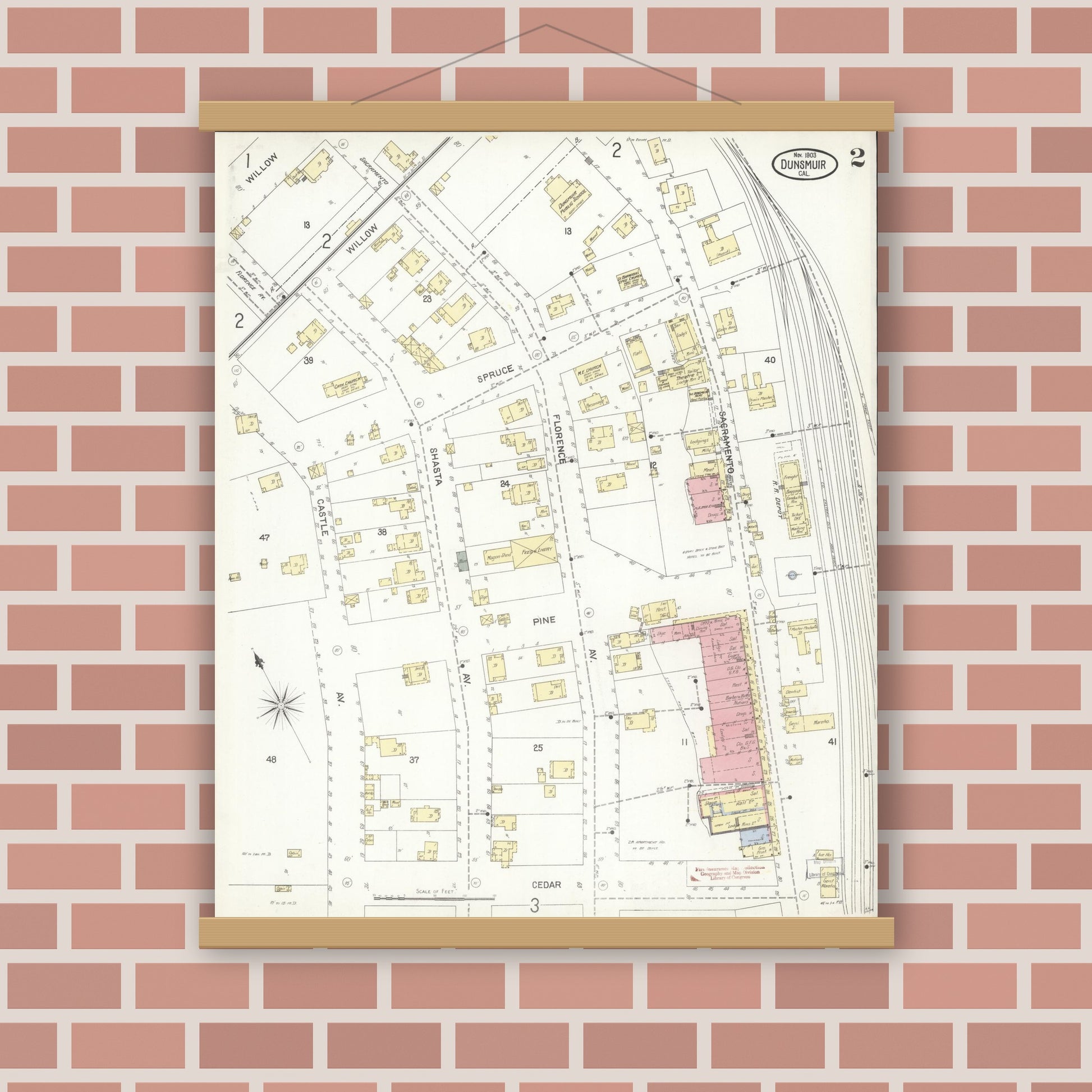 Old map wall art mockup — magnetic wood frame on brick wall — Sanborn Fire Insurance Map from Dunsmuir, Siskiyou County, California (1903), Sheet #0002