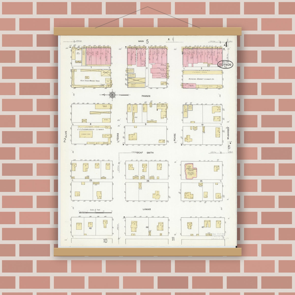Old map wall art mockup — magnetic wood frame on brick wall — Sanborn Fire Insurance Map from Vernon, Wilbarger County, Texas (1912), Sheet #0004