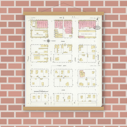 Old map wall art mockup — magnetic wood frame on brick wall — Sanborn Fire Insurance Map from Vernon, Wilbarger County, Texas (1912), Sheet #0004