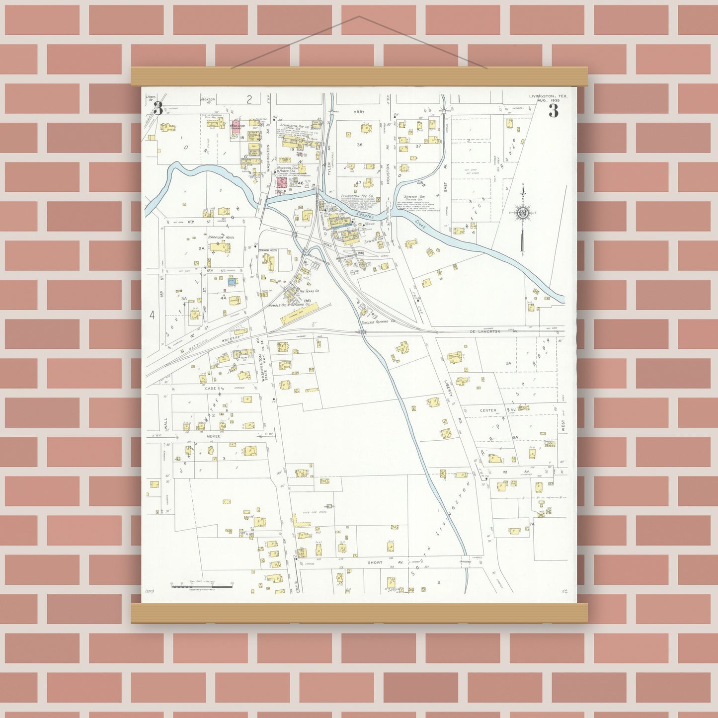 Old map wall art mockup — magnetic wood frame on brick wall — Sanborn Fire Insurance Map from Livingston, Polk County, Texas (1935), Sheet #0003