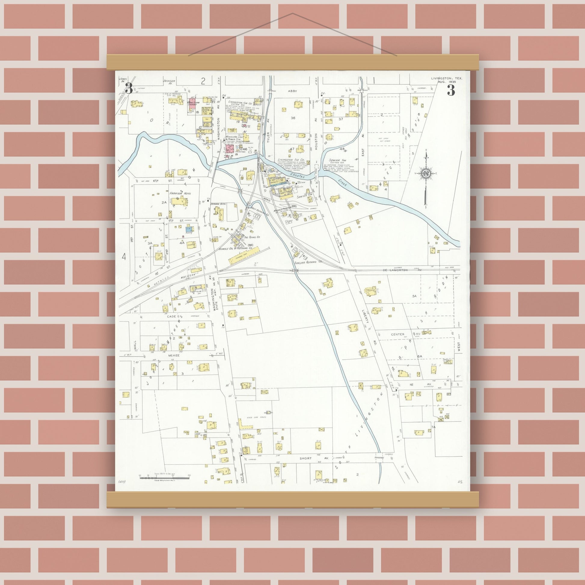 Old map wall art mockup — magnetic wood frame on brick wall — Sanborn Fire Insurance Map from Livingston, Polk County, Texas (1935), Sheet #0003